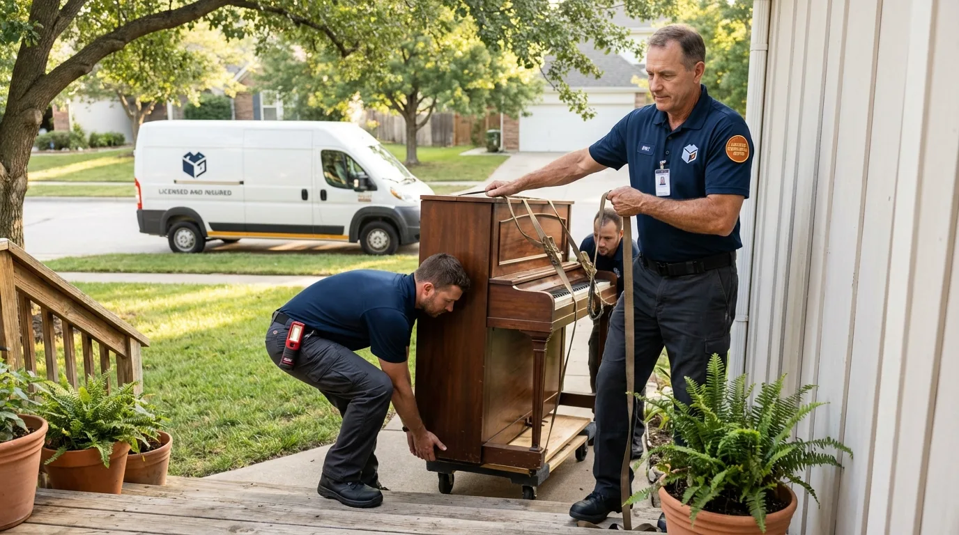 Licensed piano movers securing grand piano in Sundance, WY