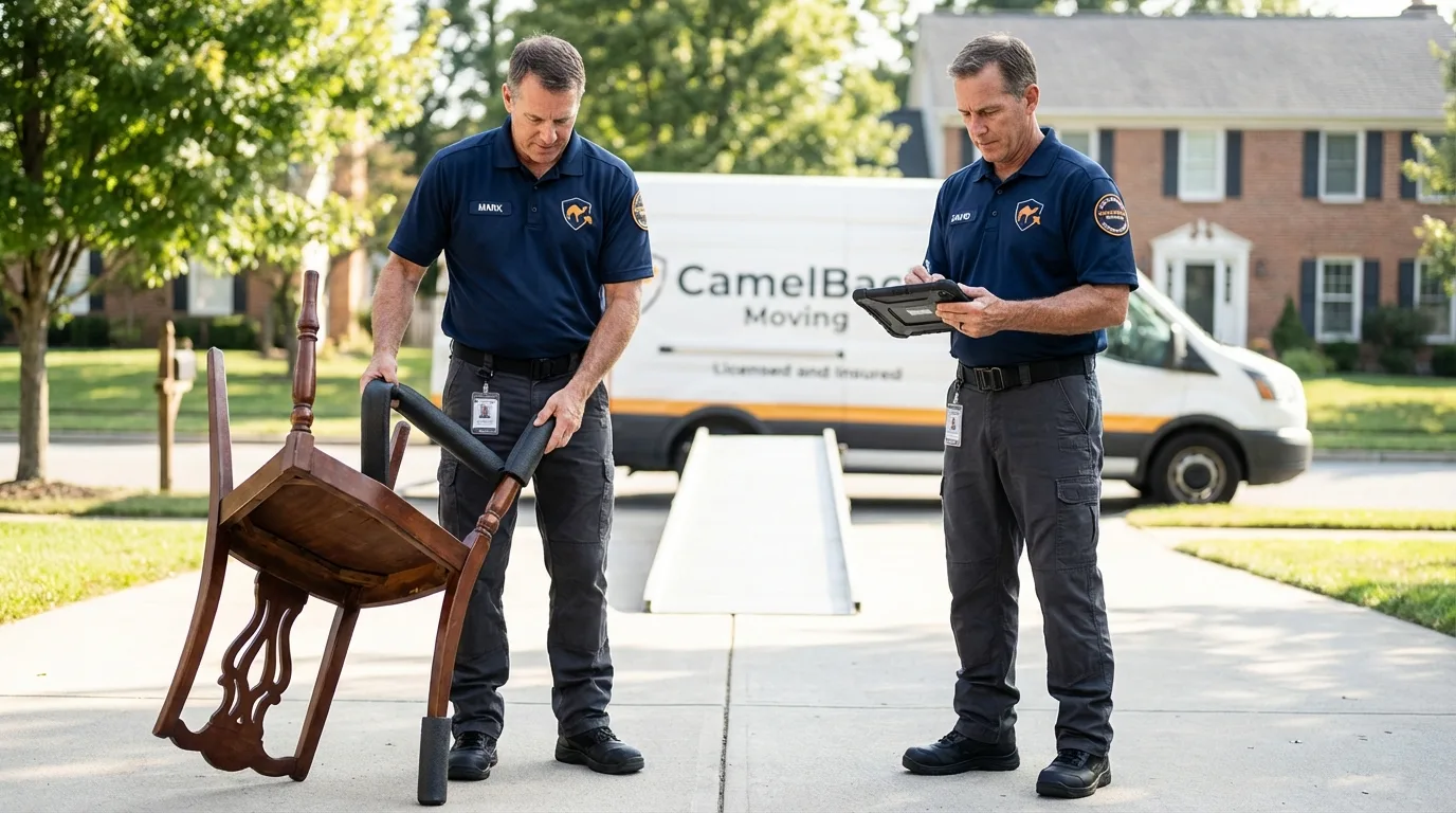 Movers inspecting furniture for damage prevention before loading in Sundance, WY